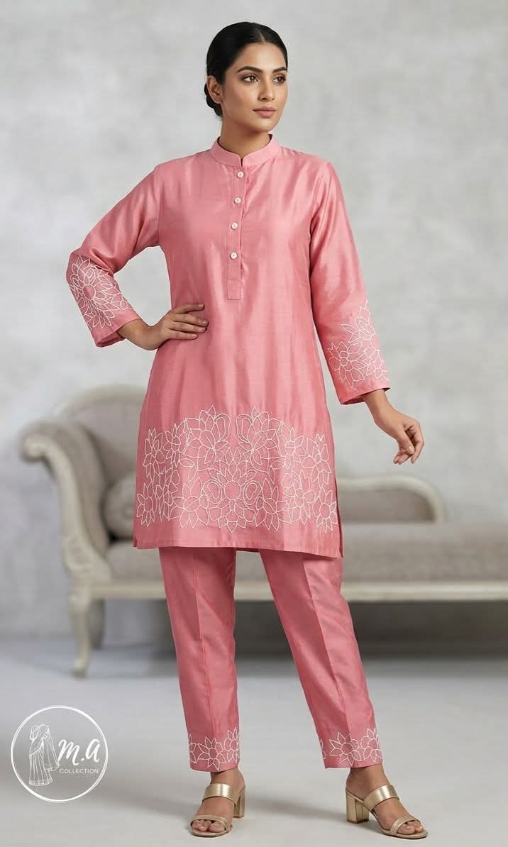 Rose pink floral-embroidered kurta and trouser co-ord