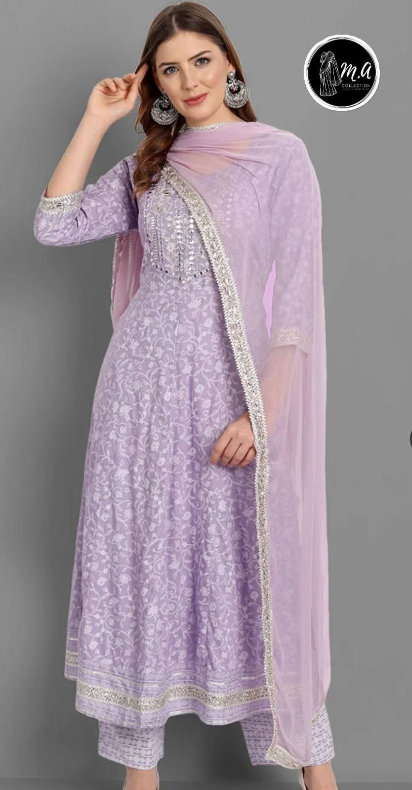 Lavender chikankari anarkali suit with net dupatta
