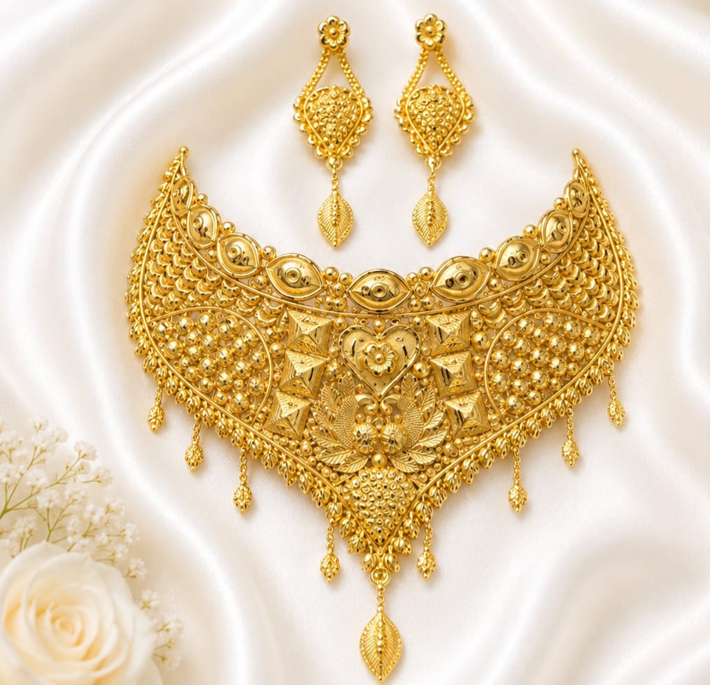 Heavy bridal gold-plated choker with drop earrings