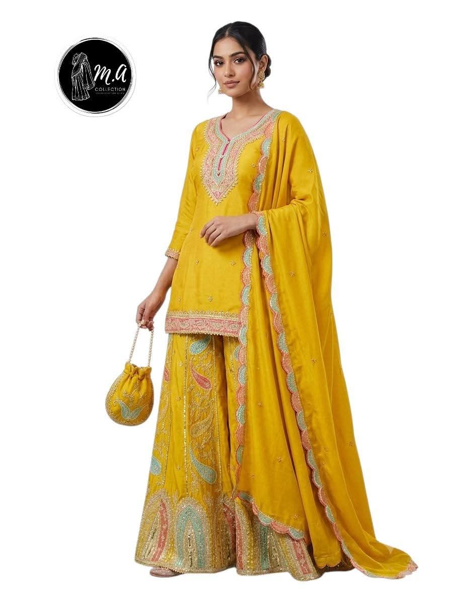 Mustard yellow embroidered sharara set