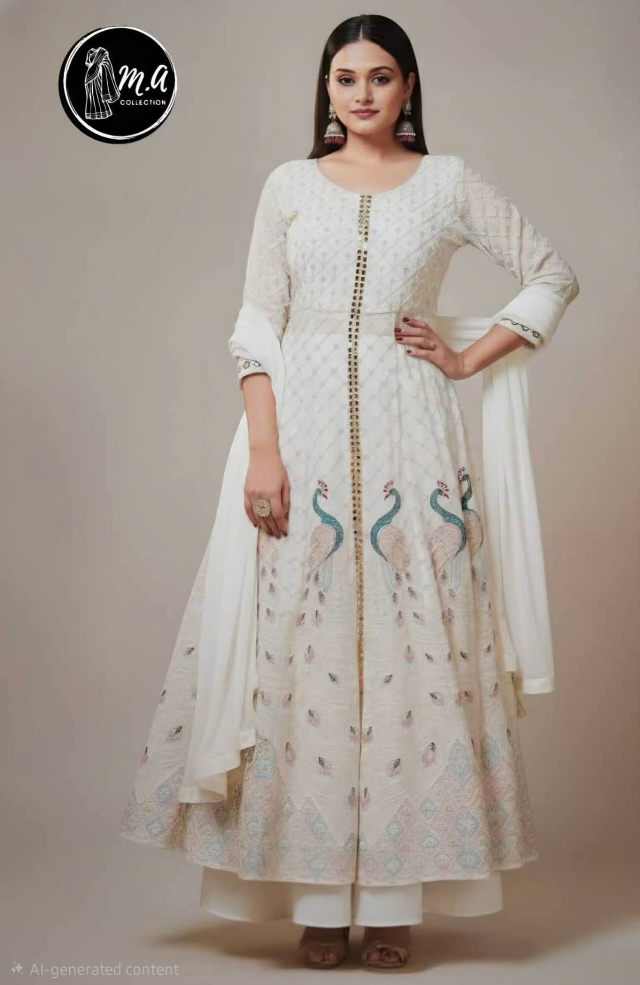 Ivory peacock-embroidered anarkali with dupatta