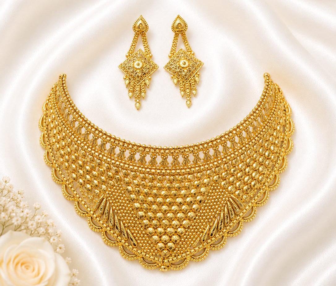 Layered gold-plated bead collar necklace set