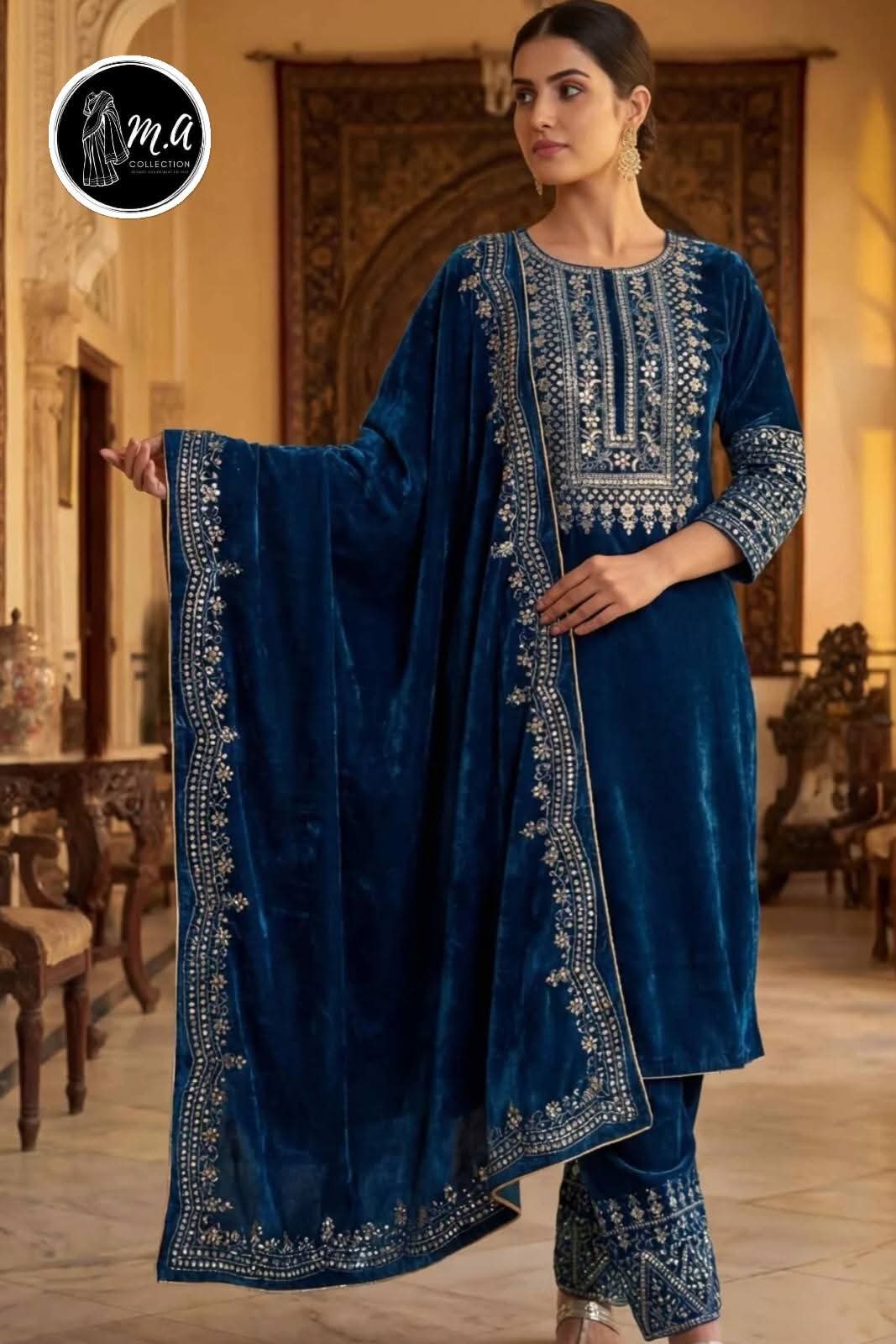 Teal velvet kurta set with zari embroidery